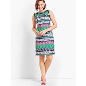 Talbots Women’s Fringed Sheath Dress 70s Inspired Floral Print Green Pink 10